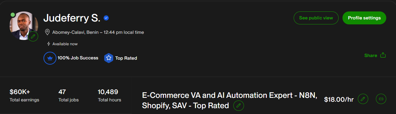Capture du profil Upwork de Judeferry S. : 100 % Job Success, Top Rated, plus de 60 000 $ gagnés, 47 missions, 10 489 heures