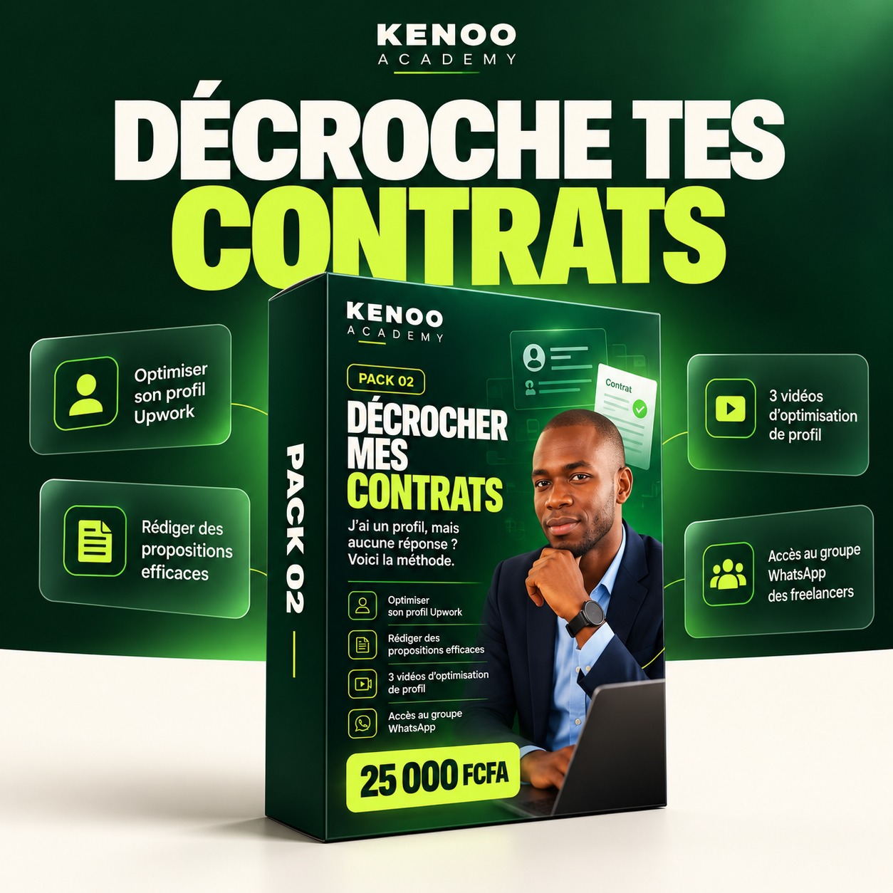 Coffret du pack Décrocher mes contrats : optimiser son profil Upwork, rédiger des propositions efficaces, 3 vidéos d'optimisation, accès au groupe WhatsApp — 25 000 FCFA.