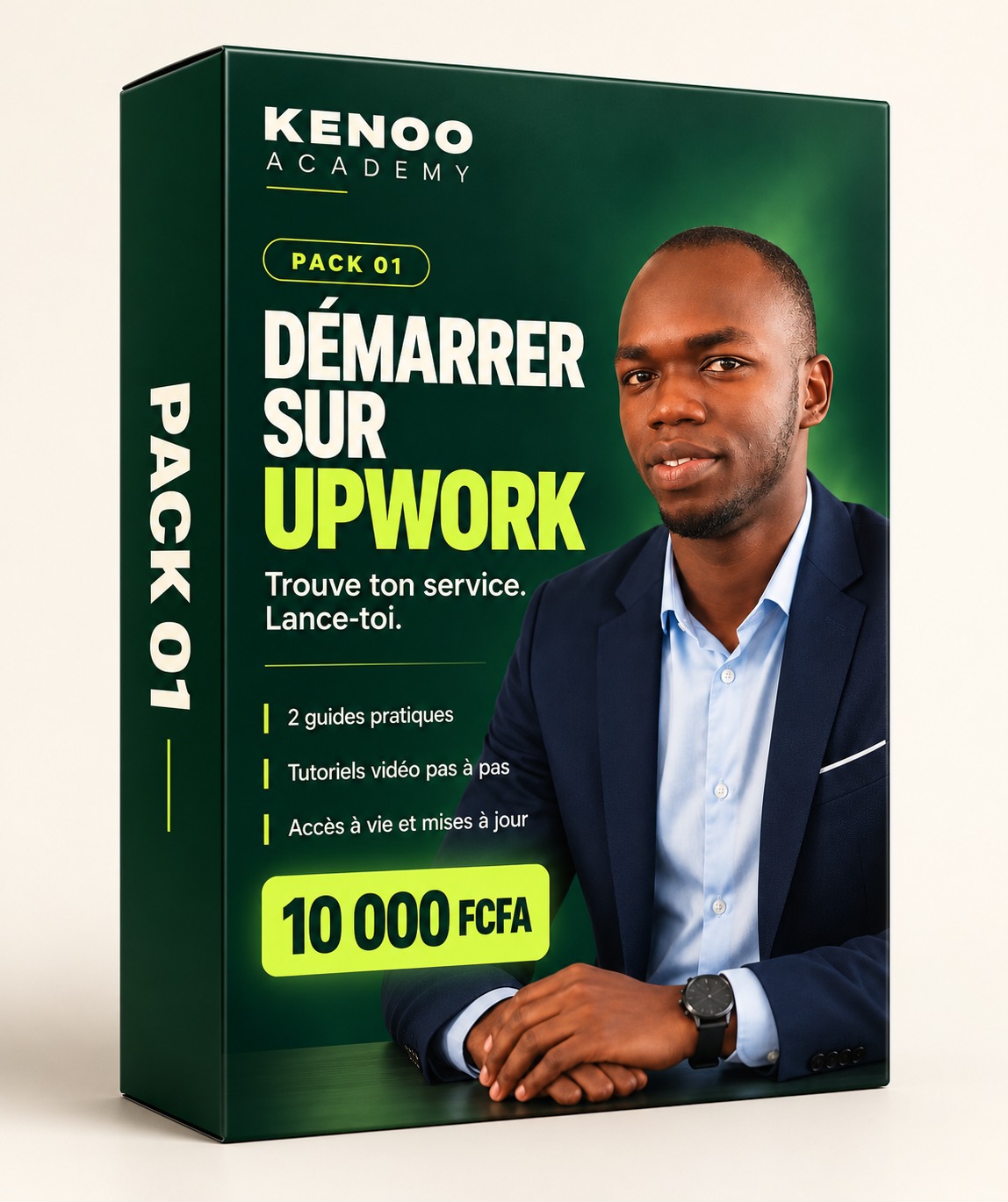 Coffret du pack Démarrer sur Upwork : 2 guides pratiques, tutoriels vidéo pas à pas, accès à vie et mises à jour — 10 000 FCFA.