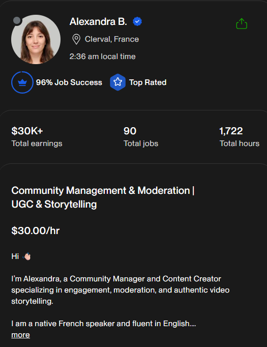 Profil Upwork d'Alexandra B., Clerval (France) : 96 % Job Success, Top Rated, +30 000 $ gagnés, 90 missions.