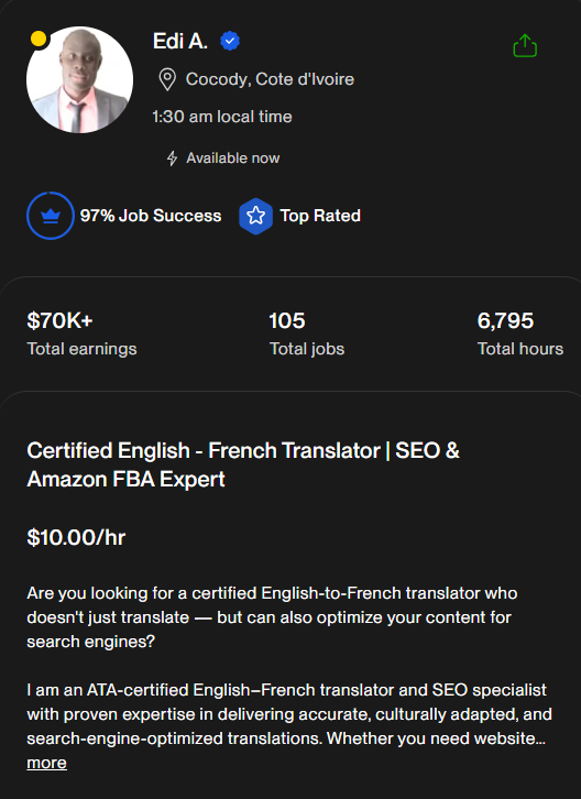 Profil Upwork d'Edi A., Cocody (Côte d'Ivoire) : 97 % Job Success, Top Rated, +70 000 $ gagnés, 105 missions.