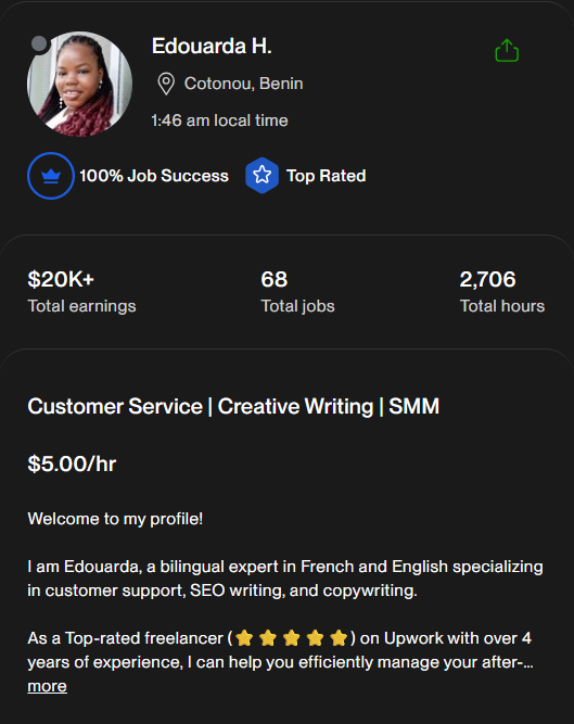 Profil Upwork d'Edouarda H., Cotonou (Bénin) : 100 % Job Success, Top Rated, +20 000 $ gagnés, 68 missions.