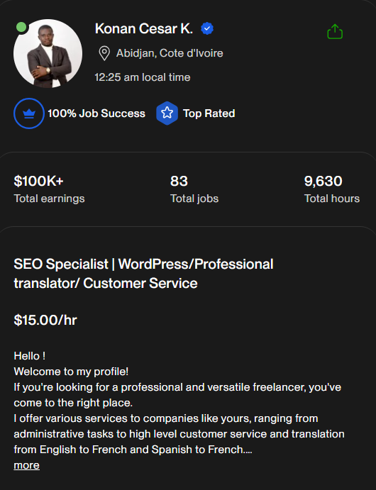 Profil Upwork de Konan Cesar K., Abidjan (Côte d'Ivoire) : 100 % Job Success, Top Rated, +100 000 $ gagnés, 83 missions.