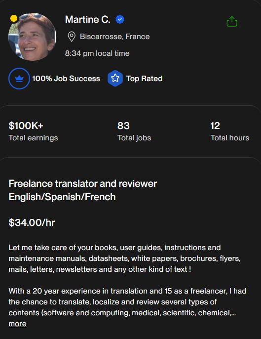 Profil Upwork de Martine C., Biscarrosse (France) : 100 % Job Success, Top Rated, +100 000 $ gagnés, 83 missions.