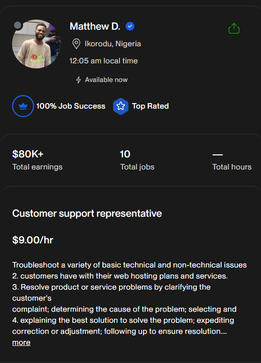 Profil Upwork de Matthew D., Ikorodu (Nigeria) : 100 % Job Success, Top Rated, +80 000 $ gagnés, 10 missions.